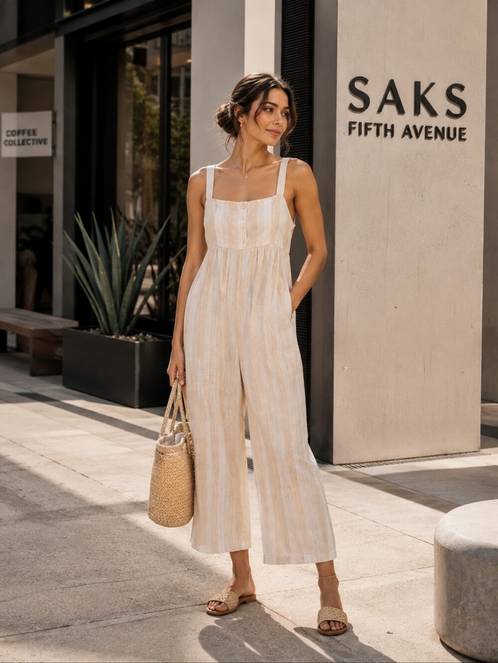 SAKS FIFTH AVENUE 100% LINEN Striped Jumpsuit MEDIUM Wide Leg Button Pockets‎